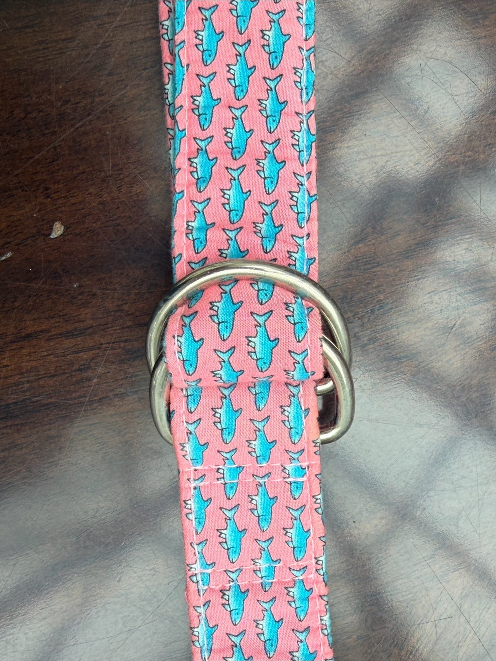 Men’s Vineyard Vines Pink Shark Print Fabric Belt with Silver D-Ring